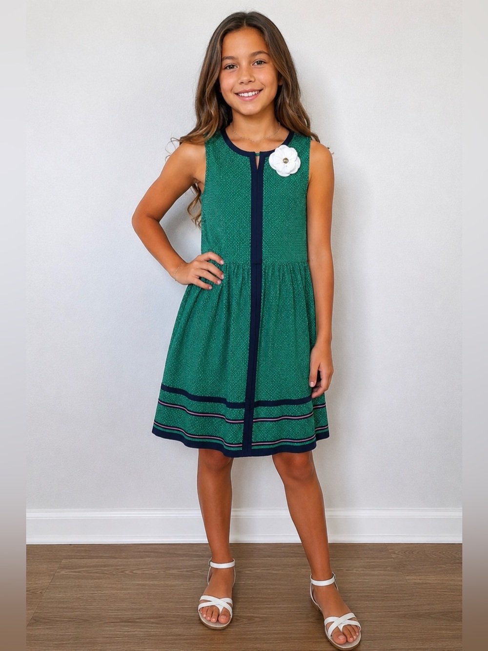 Janie and Jack Girls Green Geometric Print Sleeveless Flower Dress Size 10